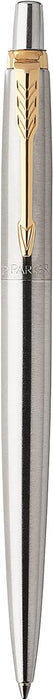 Parker Jotter Ballpoint Pen | Stainless Steel with Golden Trim | Medium Point Blue Ink