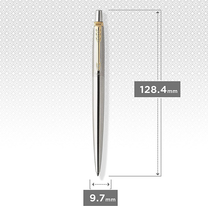 Parker Jotter Ballpoint Pen | Stainless Steel with Golden Trim | Medium Point Blue Ink