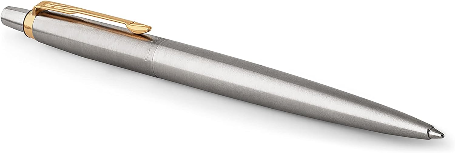 Parker Jotter Ballpoint Pen | Stainless Steel with Golden Trim | Medium Point Blue Ink