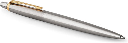 Parker Jotter Ballpoint Pen | Stainless Steel with Golden Trim | Medium Point Blue Ink