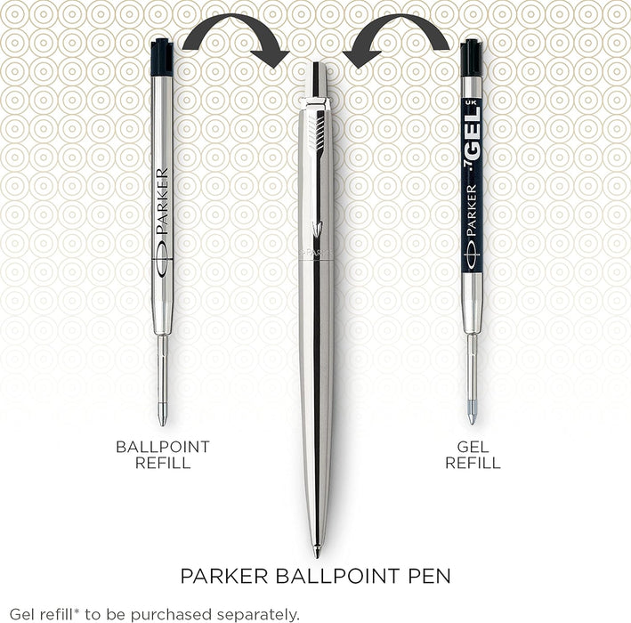 Parker Jotter Ballpoint Pen | Stainless Steel with Golden Trim | Medium Point Blue Ink