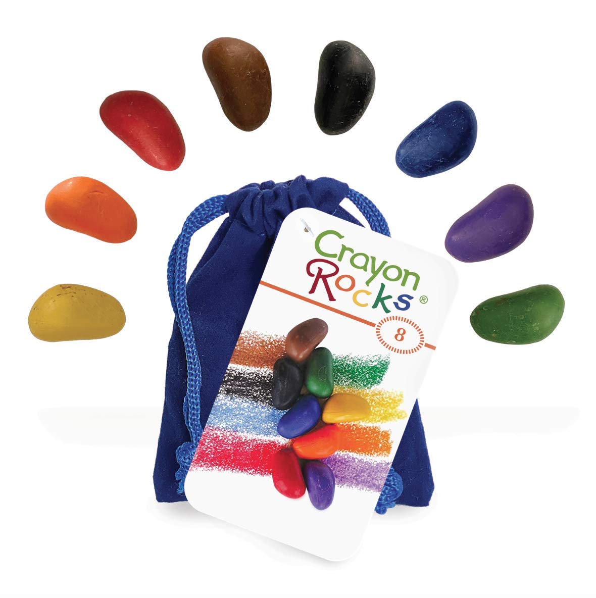 Crayon Rocks - Non-toxic children's soy wax crayons  - durable ecological chalk in a blue velvet bag - 8 natural washable colors - drawing on paper and fabric
