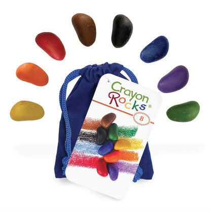 Crayon Rocks - Non-toxic children's soy wax crayons  - durable ecological chalk in a blue velvet bag - 8 natural washable colors - drawing on paper and fabric