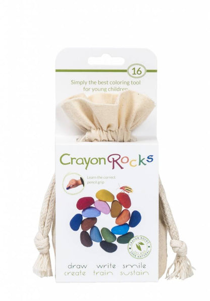 Crayon Rocks – niet-giftige kinderwaxstiften met motorstimulerende werking – langdurige veelkleurige kleurpotloden in een mosselin-tas – 16 kleuren – voor het tekenen op papier en stof