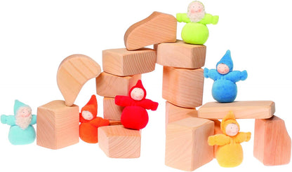 Grimm's Set of Wooden Waldorf Building Blocks in Unique Organic Shapes in Bag, Natural