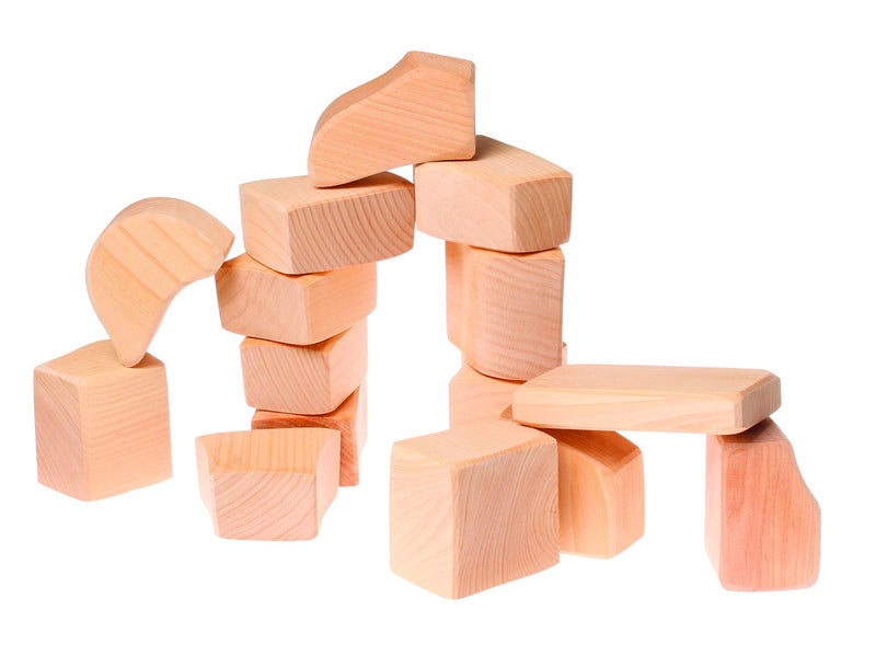 Grimm's Set of Wooden Waldorf Building Blocks in Unique Organic Shapes in Bag, Natural