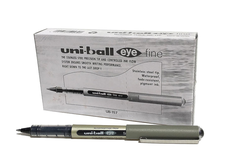uni-ball UB-157 Eye Rollerball Pens. Premium Fine 0.7mm Ballpoint Tip for Super Smooth Handwriting, Drawing, Art, Crafts and Colouring. Fade and Water Resistant Liquid Uni Super Ink. Box of 12 Black
