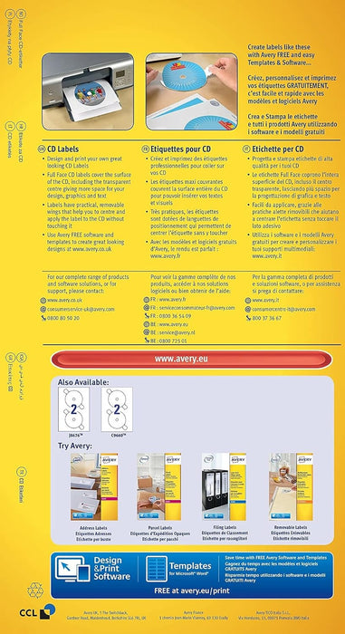 Avery J8676-25 Self-Adhesive Full Face CD Labels, 2 Labels Per A4 Sheet, White