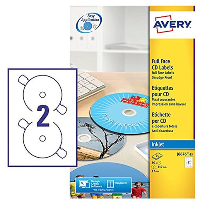 Avery J8676-25 Self-Adhesive Full Face CD Labels, 2 Labels Per A4 Sheet, White