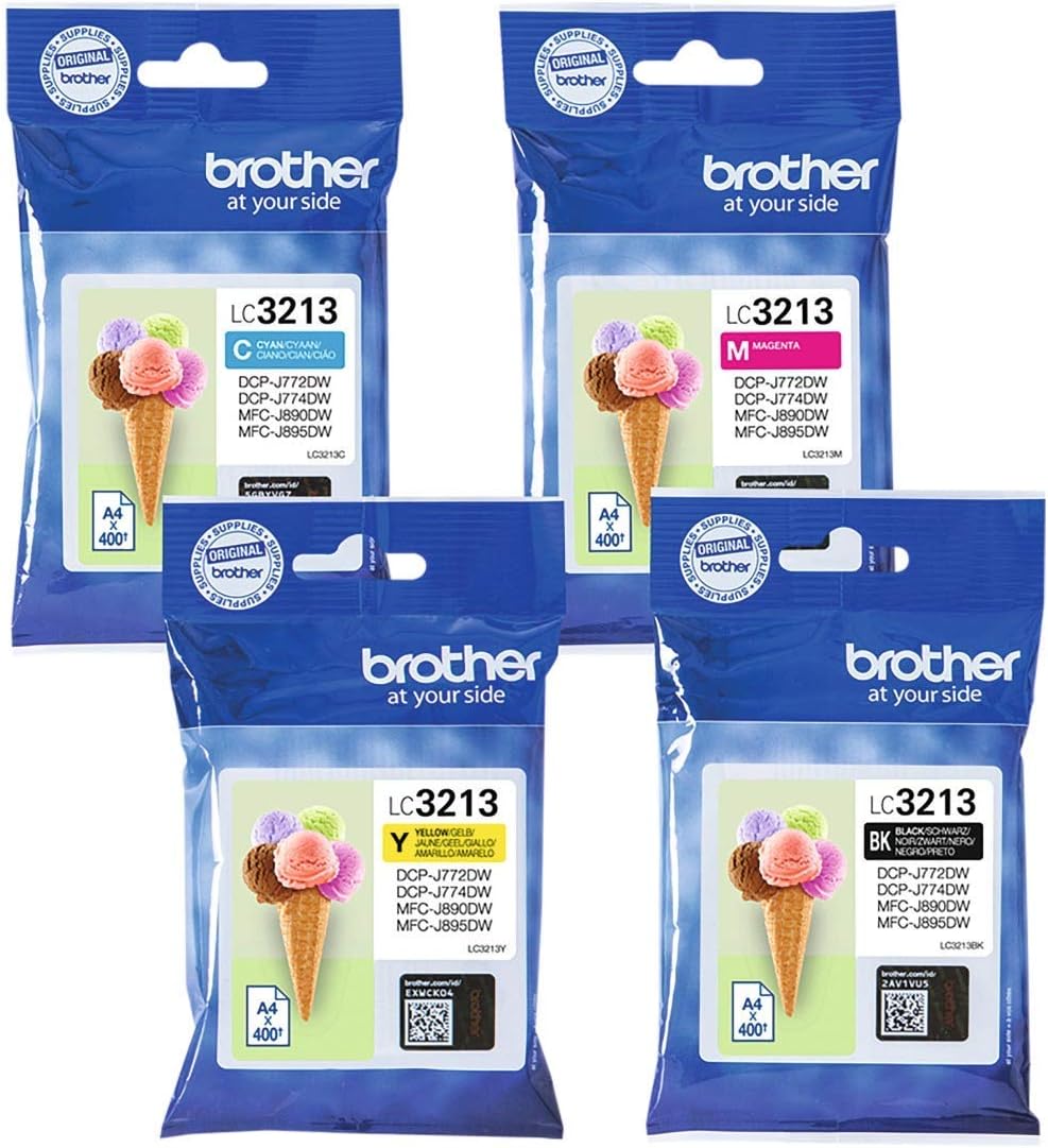 Brother LC3213VAL, Juego de 4 cartuchos (Negro, Cian, Magenta y amarillo) para las impresoras DCPJ572DW, MFCJ491DW, MFCJ497DW,MFCJ890DW y MFCJ895DW, Duración hasta 400 páginas (ISO/IE 24711)