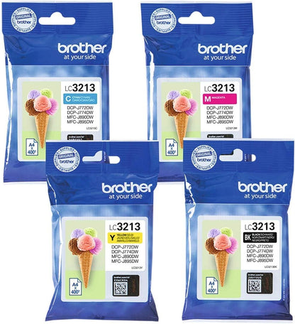 Brother LC3213VAL, Juego de 4 cartuchos (Negro, Cian, Magenta y amarillo) para las impresoras DCPJ572DW, MFCJ491DW, MFCJ497DW,MFCJ890DW y MFCJ895DW, Duración hasta 400 páginas (ISO/IE 24711)