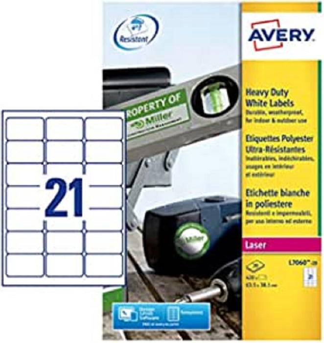 Avery L7060-20 (63.5 x 38.1mm) Extra-Strong Adhesive Heavy Duty Weatherproof Labels, 21 Labels Per A4 Sheet