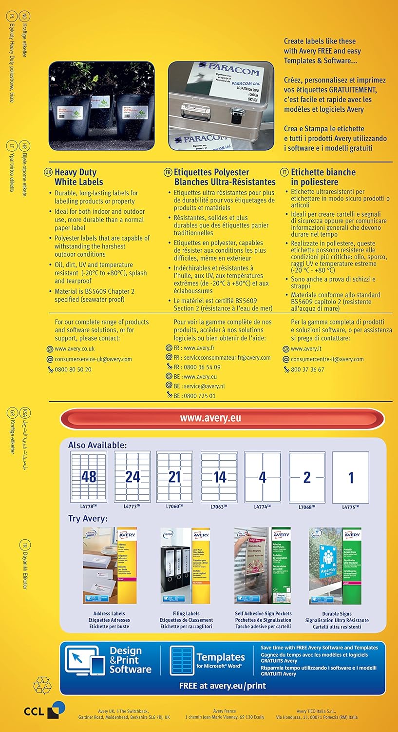 Avery L7060-20 (63.5 x 38.1mm) Extra-Strong Adhesive Heavy Duty Weatherproof Labels, 21 Labels Per A4 Sheet
