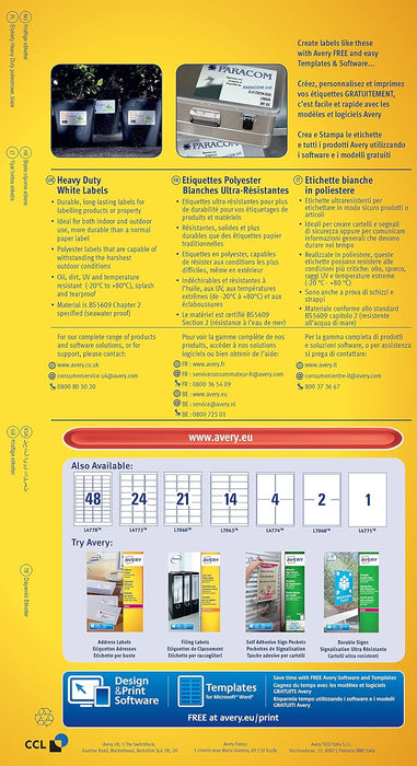 Avery L7060-20 (63.5 x 38.1mm) Extra-Strong Adhesive Heavy Duty Weatherproof Labels, 21 Labels Per A4 Sheet