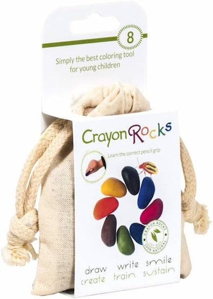 Crayon Rocks - Non-toxic children's soy wax crayons  - durable ecological chalk in a muslin bag - 8 natural washable colors - drawing on paper and fabric