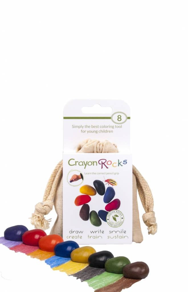 Crayon Rocks - Non-toxic children's soy wax crayons  - durable ecological chalk in a muslin bag - 8 natural washable colors - drawing on paper and fabric