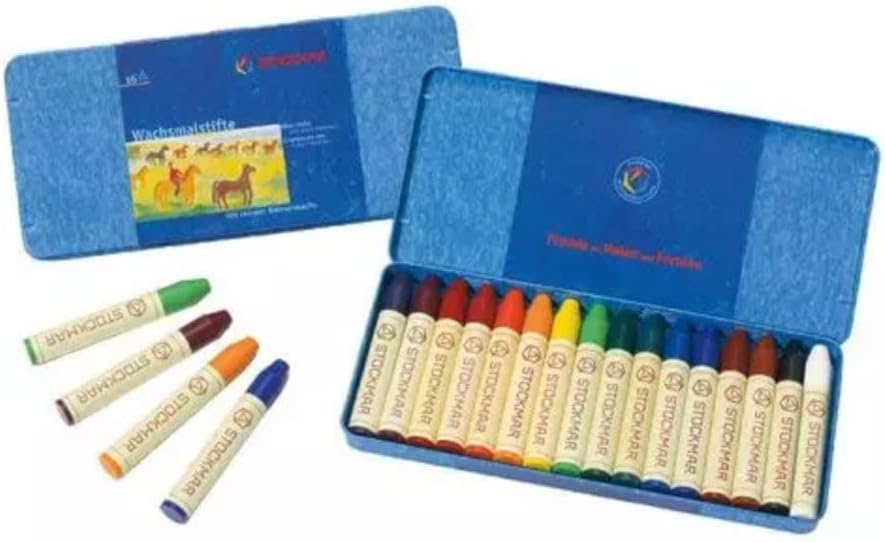 Stockmar Beeswax Stick Crayons, Set of 16 - Non Toxic, Jumbo Crayons, Beeswax Crayons For Toddlers, Kids -Waldorf Homeschool -Waldorf Art Supplies- Includes Storage Tin