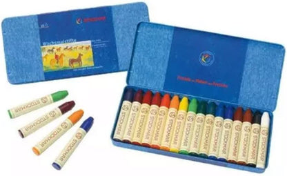 Stockmar Beeswax Stick Crayons, Set of 16 - Non Toxic, Jumbo Crayons, Beeswax Crayons For Toddlers, Kids -Waldorf Homeschool -Waldorf Art Supplies- Includes Storage Tin