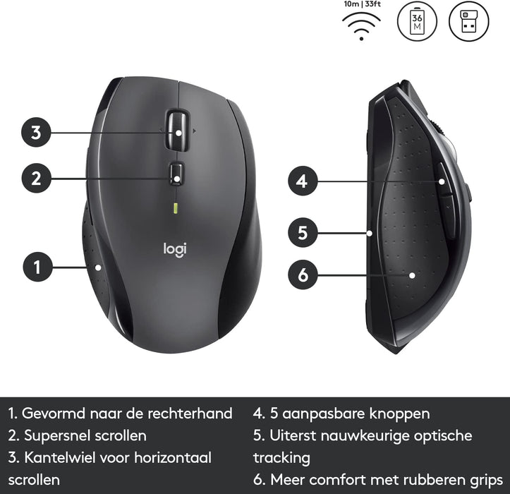 Logitech M705 Marathon Ratón inalámbrico, Receptor Unificador USB de 2,4 GHz, 1000 DPI, 5 Botones Programables, Batería de 3 años, Compatible con PC, Mac, Portátil, Chromebook - Negro