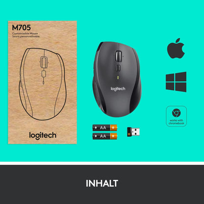 Logitech M705 Marathon Ratón inalámbrico, Receptor Unificador USB de 2,4 GHz, 1000 DPI, 5 Botones Programables, Batería de 3 años, Compatible con PC, Mac, Portátil, Chromebook - Negro