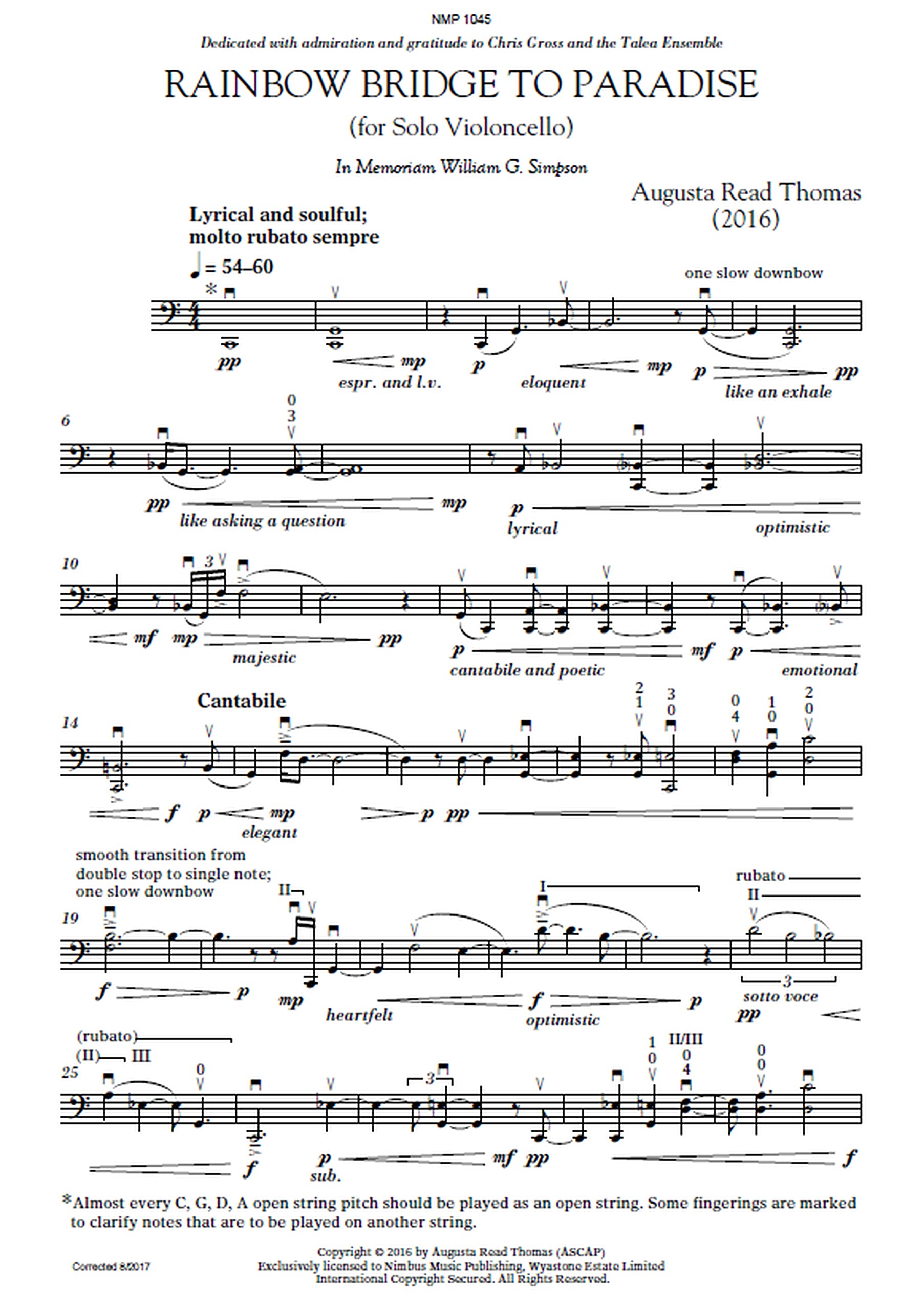 Augusta Read Thomas Rainbow Bridge to Paradise for Solo Violoncello (Nimbus Music Publishing NMP1045