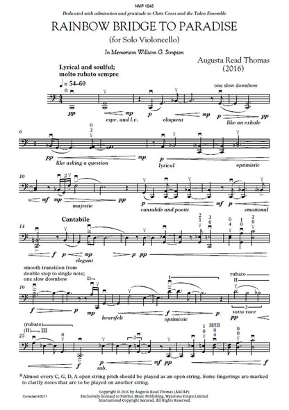 Augusta Read Thomas Rainbow Bridge to Paradise for Solo Violoncello (Nimbus Music Publishing NMP1045