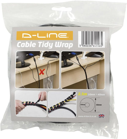 D-Line Cable Tidy Spiral Wrap, CTW2.5B, Cable Management Solution to Organise Cables - 2.5 Meter Length