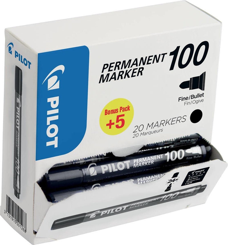 Pilot 100 Series, 4.5mm Bullet Tip Permanent Marker- Black (Box of 20