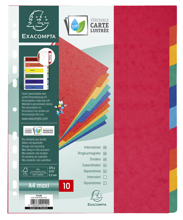 Exacompta - Ref 2410E - Nature Future Dividers - Suitable for A4+ Documents, Pre-Punched, 225gsm Genuine Pressboard, 10-Part Dividers, FSC-Certified - Multi-Coloured