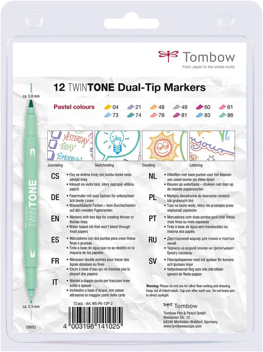 Tombow WS-PK-12P-2 Twin Tone Dual-Tip Marker - Pastel Colours (Pack of 12)