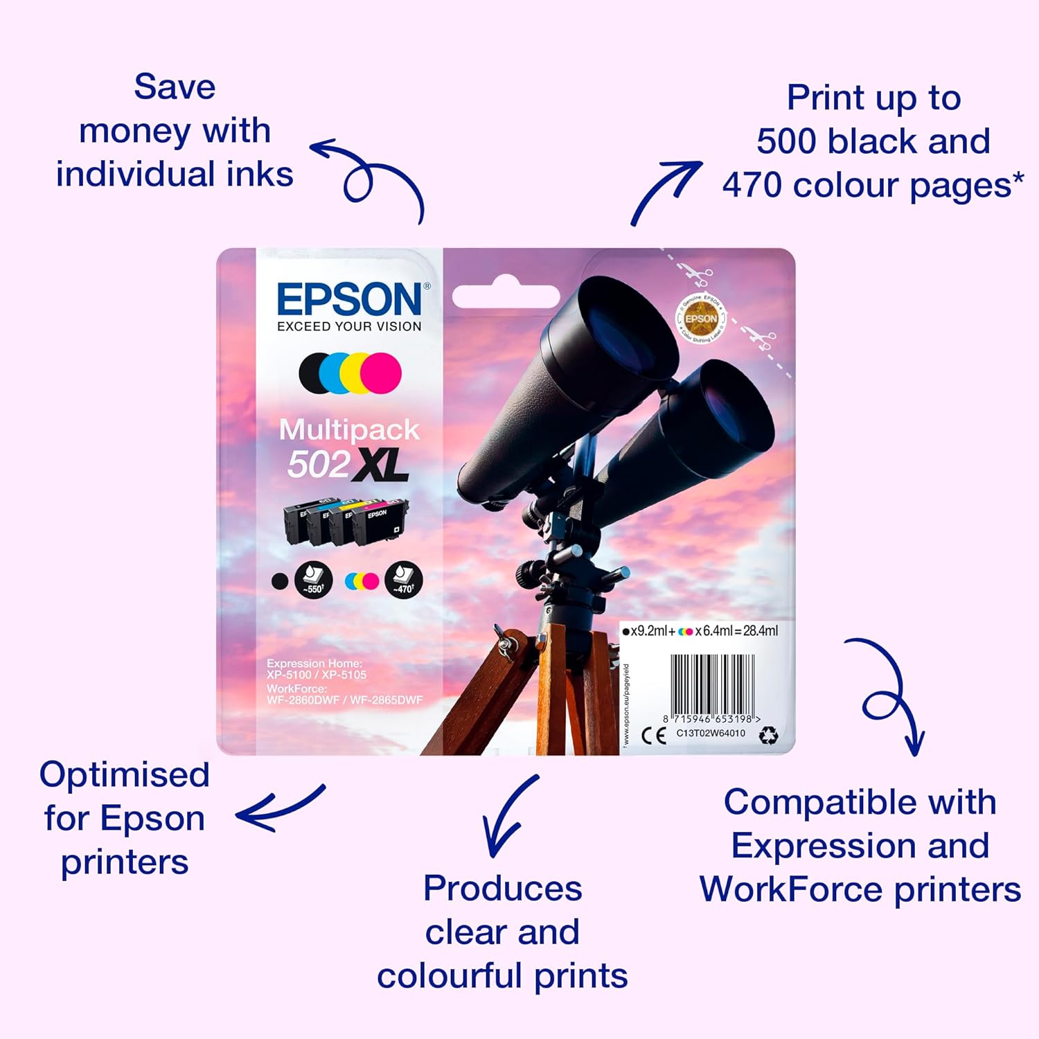 Epson 502XL Binoculars Genuine High Yield Multipack, 4-colours Ink Cartridges