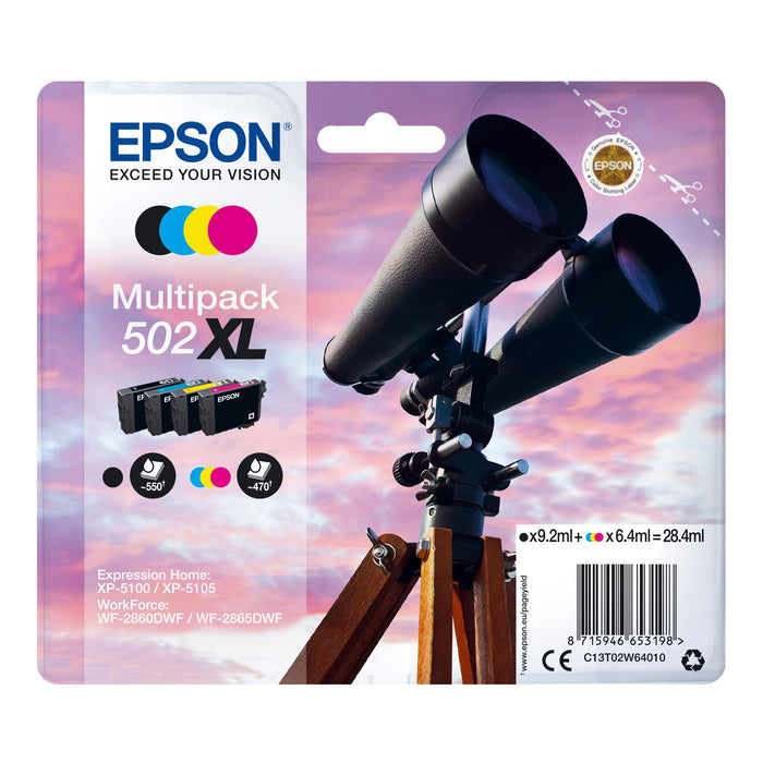 Epson Multipack 502XL Binoculars, XL High Capacity Ink Cartridges, 4 Colours: Black, Cyan, Magenta, Yellow, XP-5100 XP-5105 XP-5150 XP-5155 WF-2860DWF WF-2865DWF WF-2880 WF-2885