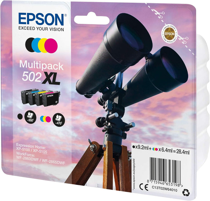 Epson Multipack 502XL Binoculars, XL High Capacity Ink Cartridges, 4 Colours: Black, Cyan, Magenta, Yellow, XP-5100 XP-5105 XP-5150 XP-5155 WF-2860DWF WF-2865DWF WF-2880 WF-2885