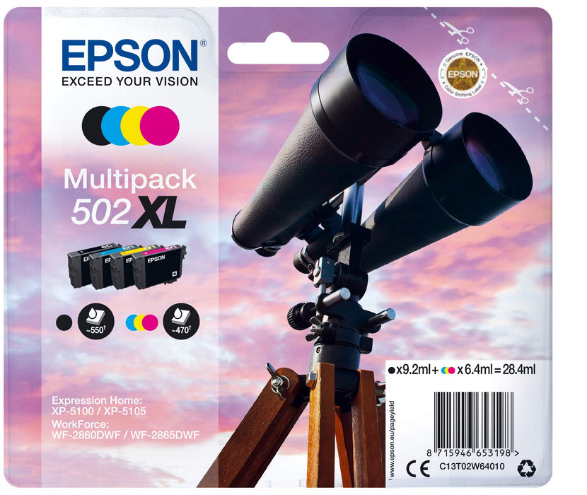 Epson Multipack 502XL Binoculars, XL High Capacity Ink Cartridges, 4 Colours: Black, Cyan, Magenta, Yellow, XP-5100 XP-5105 XP-5150 XP-5155 WF-2860DWF WF-2865DWF WF-2880 WF-2885