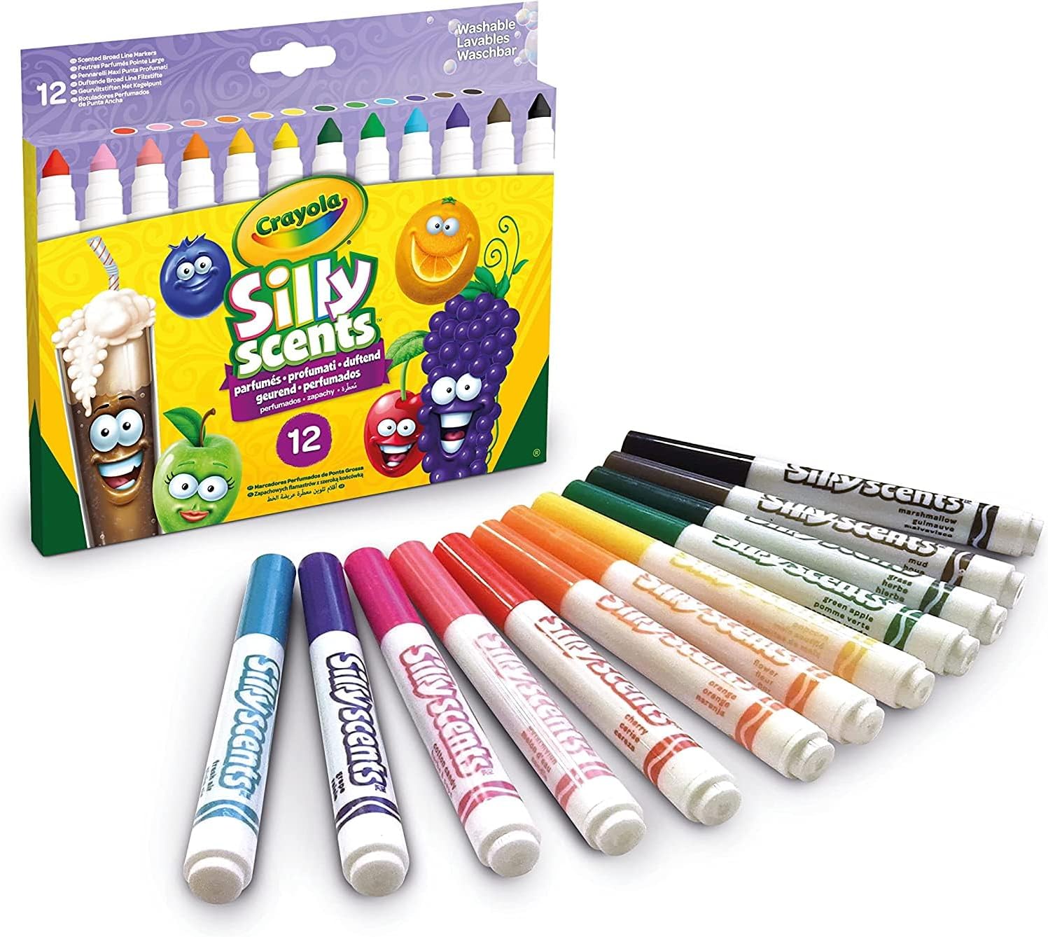 CRAYOLA Silly Scents Broadline Washable Markers - Assorted Colours (Pack of 12) | Unique Sweet Scents & Colours! | Ideal for Kids Aged 3+
