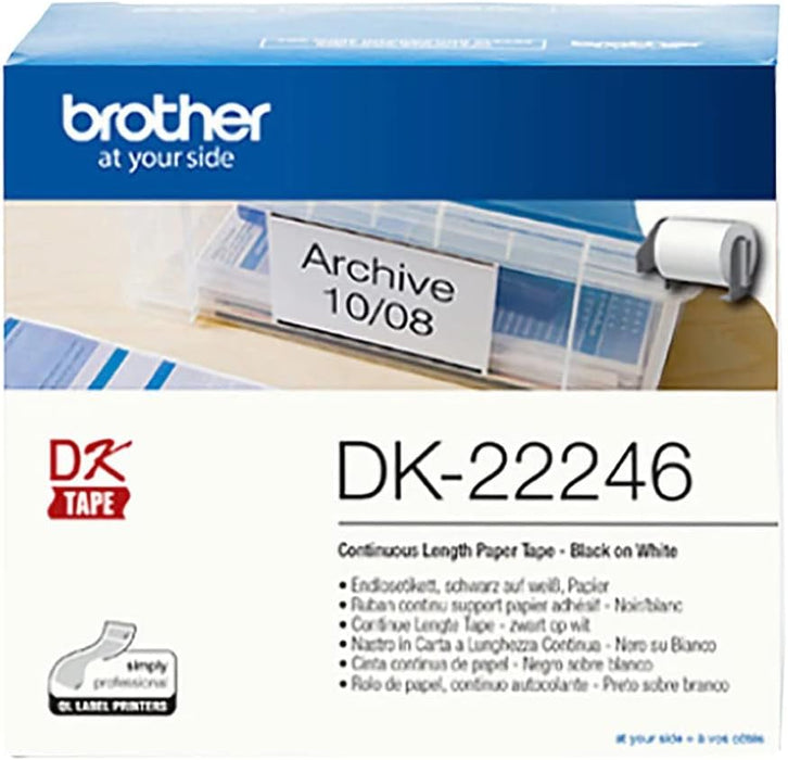 Brother DK-22246 selbstklebende Endlosetiketten (103 mm breit, 30,48 m lang, geeignet für QL-1050, QL-1050N, QL-1060N, QL-1100, QL-1110NWB) schwarz auf weiß (Papier