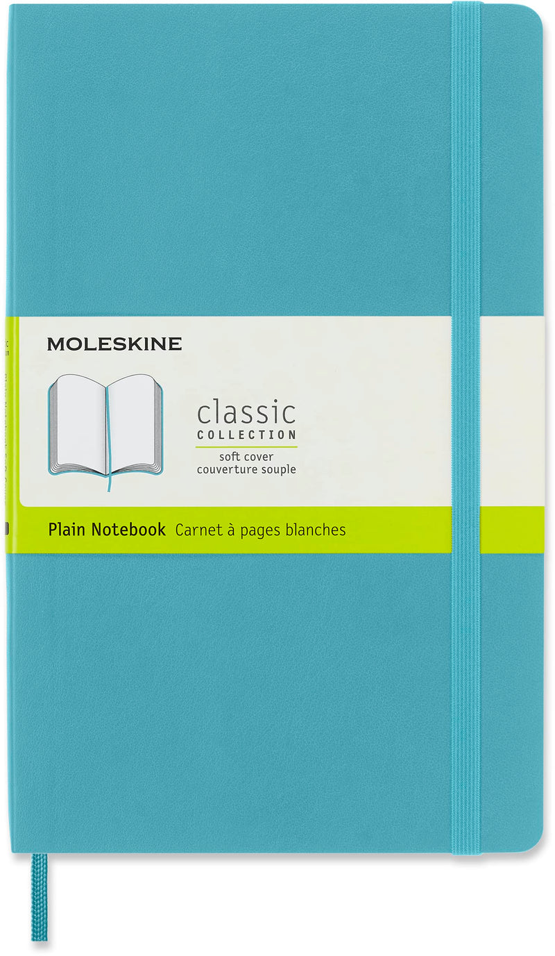 Moleskine Classic Plain Paper Notebook - Soft Cover and Elastic Closure Journal - Color Reef Blue - Large 13 x 21 A5 - 192 Pages
