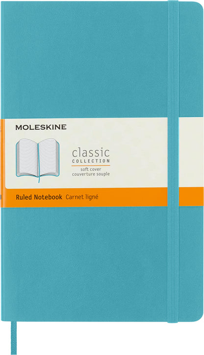 Moleskine Classic Ruled Paper Notebook - Soft Cover and Elastic Closure Journal - Color Reef Blue - Large 13 x 21 A5 - 192 Pages