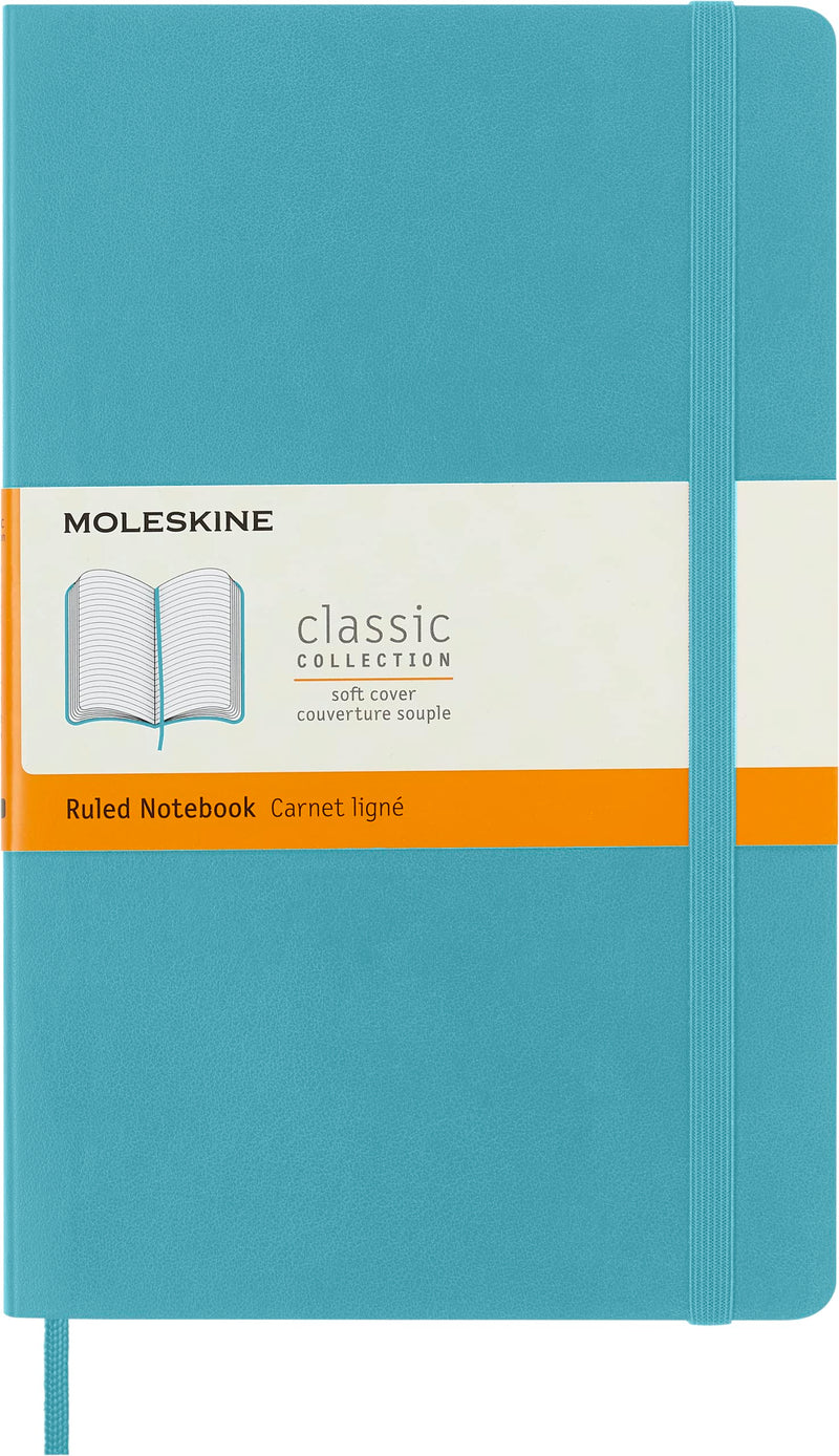Moleskine Classic Ruled Paper Notebook - Soft Cover and Elastic Closure Journal - Color Reef Blue - Large 13 x 21 A5 - 192 Pages