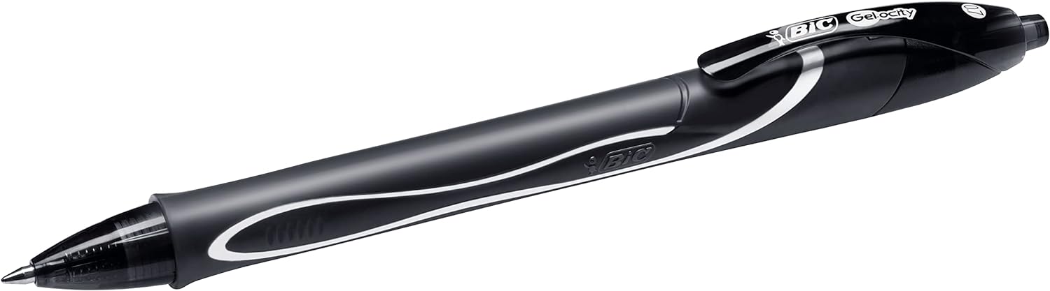 BIC Gel-ocity Quick Dry Black Gel Pens, Medium Point (0.7mm), 12-Count Pack, Retractable Gel Pens With Comfortable Full Grip