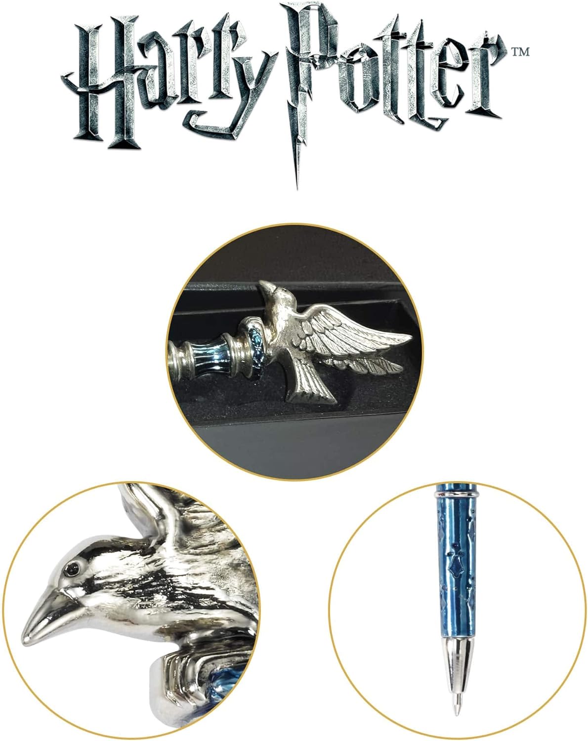 The Noble Collection Harry Potter Silver-Plated Ravenclaw Pen - 8in (21cm) Topped With Ravenclaw Raven House Mascot - Officially Licensed Film Set Movie Props Gifts Stationery