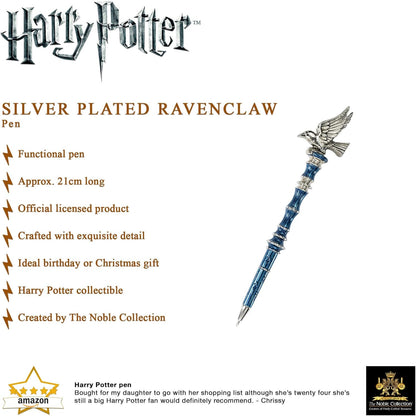 The Noble Collection Harry Potter Silver-Plated Ravenclaw Pen - 8in (21cm) Topped With Ravenclaw Raven House Mascot - Officially Licensed Film Set Movie Props Gifts Stationery