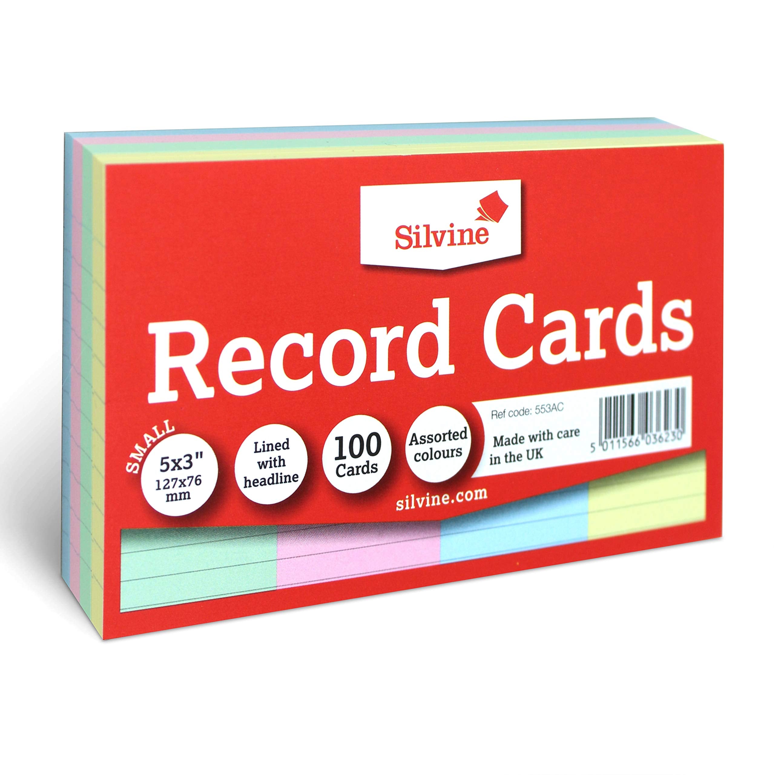 Silvine 5x3" Multi-coloured Record Cards - Lined with headline, 100 cards per pack. Ref 553AC (127 x 76mm