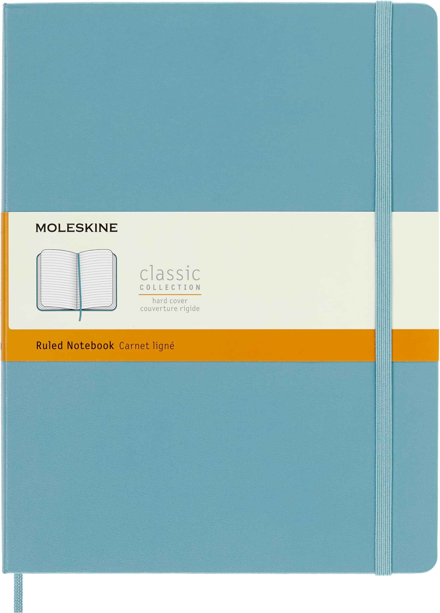 Moleskine Classic Ruled Paper Notebook, Hard Cover and Elastic Closure Journal, Color Reef Blue, Size Extra Large 19 x 25 cm, 192 Pages