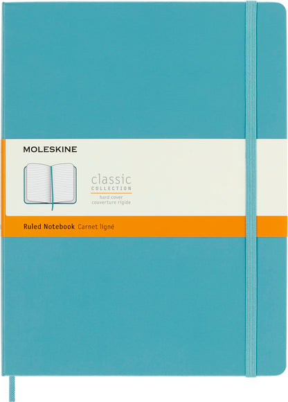 Moleskine Classic Ruled Paper Notebook, Hard Cover and Elastic Closure Journal, Color Reef Blue, Size Extra Large 19 x 25 cm, 192 Pages