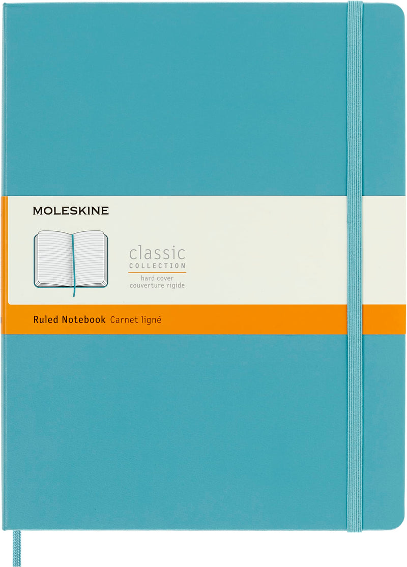 Moleskine Classic Ruled Paper Notebook, Hard Cover and Elastic Closure Journal, Color Reef Blue, Size Extra Large 19 x 25 cm, 192 Pages