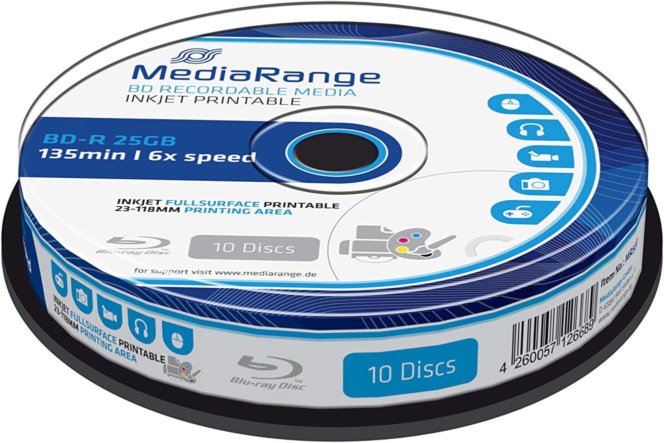 Blu-ray Disc Mediarange BD-R 25 GB, 6x Speed fullprintable in Cakebox 10 Stück