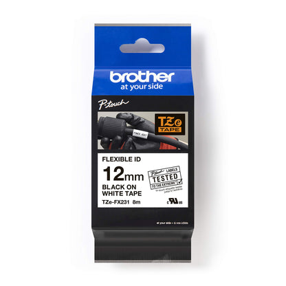 Brother TZe-FX231 Labelling Tape Cassette, Black on White, 12mm (W) x 8M (L), Flexible ID, Brother Genuine Supplies