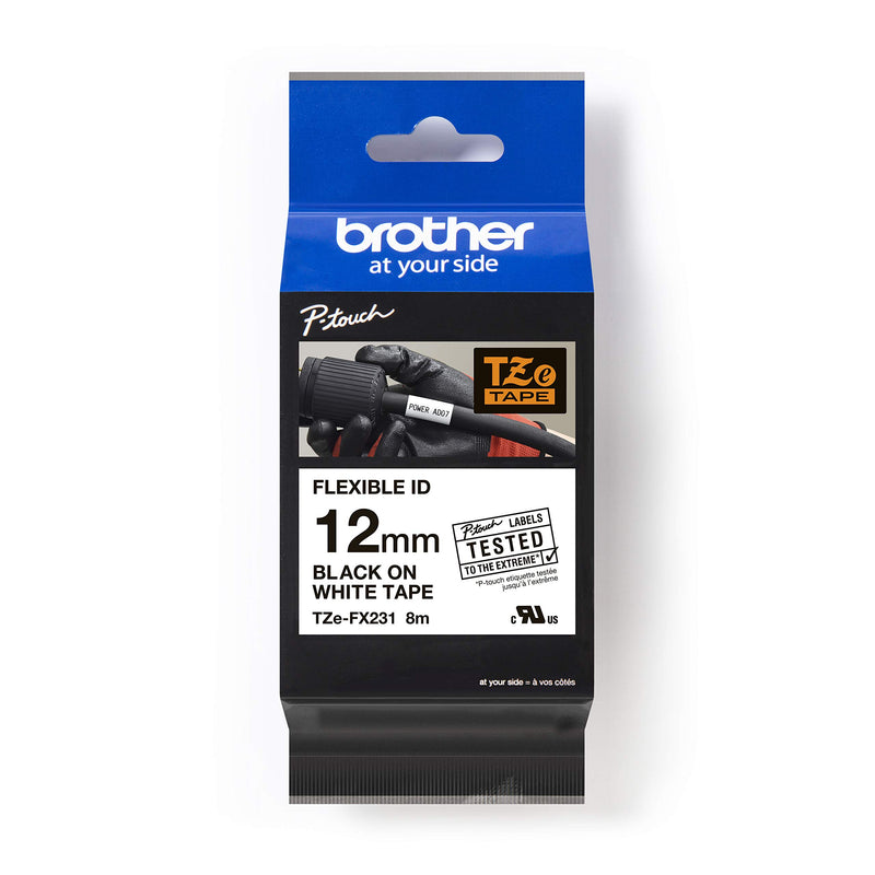 Brother TZe-FX231 Labelling Tape Cassette, Black on White, 12mm (W) x 8M (L), Flexible ID, Brother Genuine Supplies