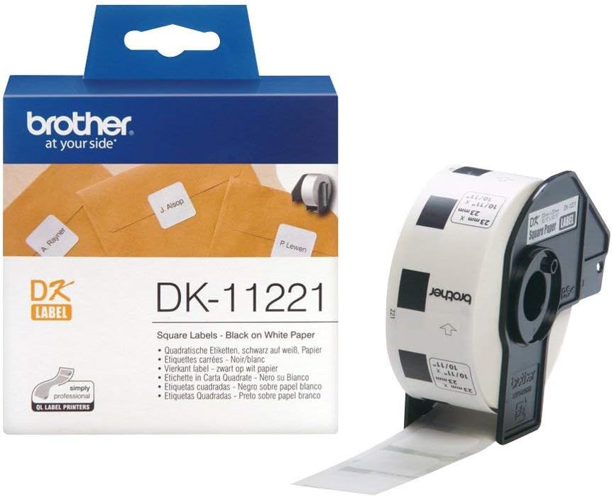 Brother DK-11221 Label Roll, Square Labels, Black on White, 1000 Labels, 23mm (W) x 23mm (L), Brother Genuine Supplies